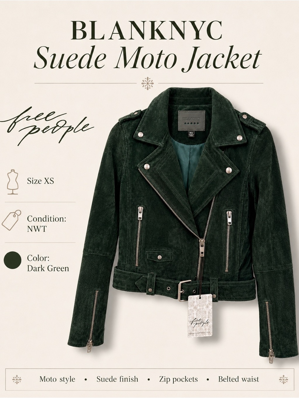 Blank NYC Dark Green Suede Moto Jacket - Women